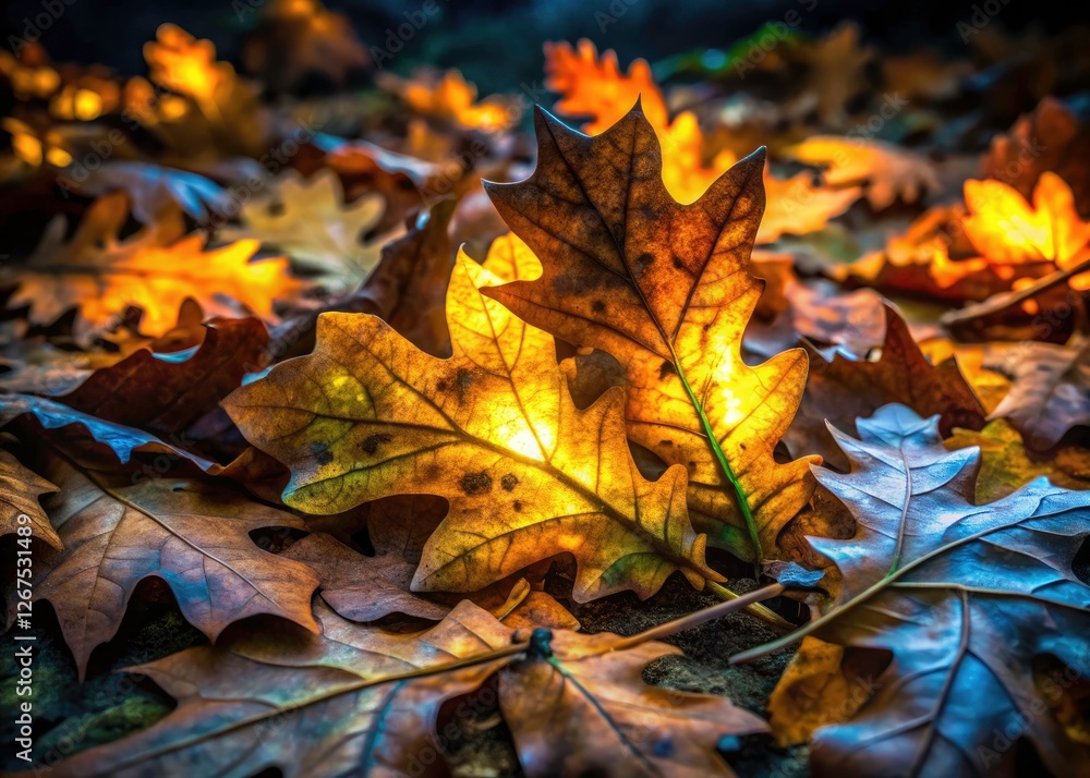 Nocturnal wildlife hides amongst fallen leaves. Dark forest, spotted oak leaf, captured in stunning night camouflage photography. Nocturnal wildlife hides amongst fallen leaves. Dark forest, spotted oak leaf, captured in stunning night camouflage photography.