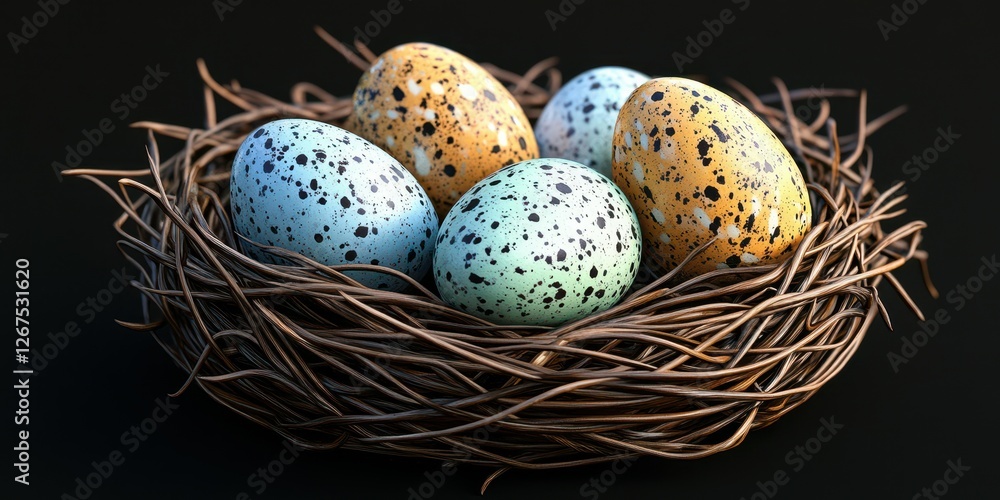 Colorful speckled eggs resting in a woven nest showcasing nature's artistry and beauty Colorful speckled eggs resting in a woven nest showcasing nature's artistry and beauty