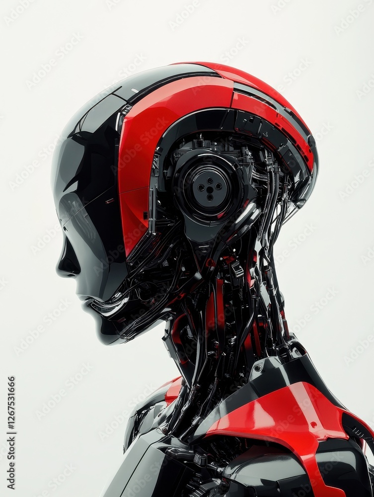 Fototapeta premium High technology humanoid robot with red and black theme, intelligent modern robotic AI concept side face
