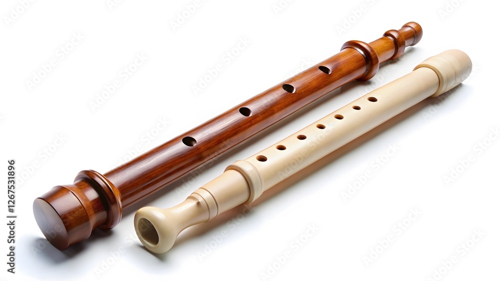 Naklejka premium Two Wooden Flutes on White Background