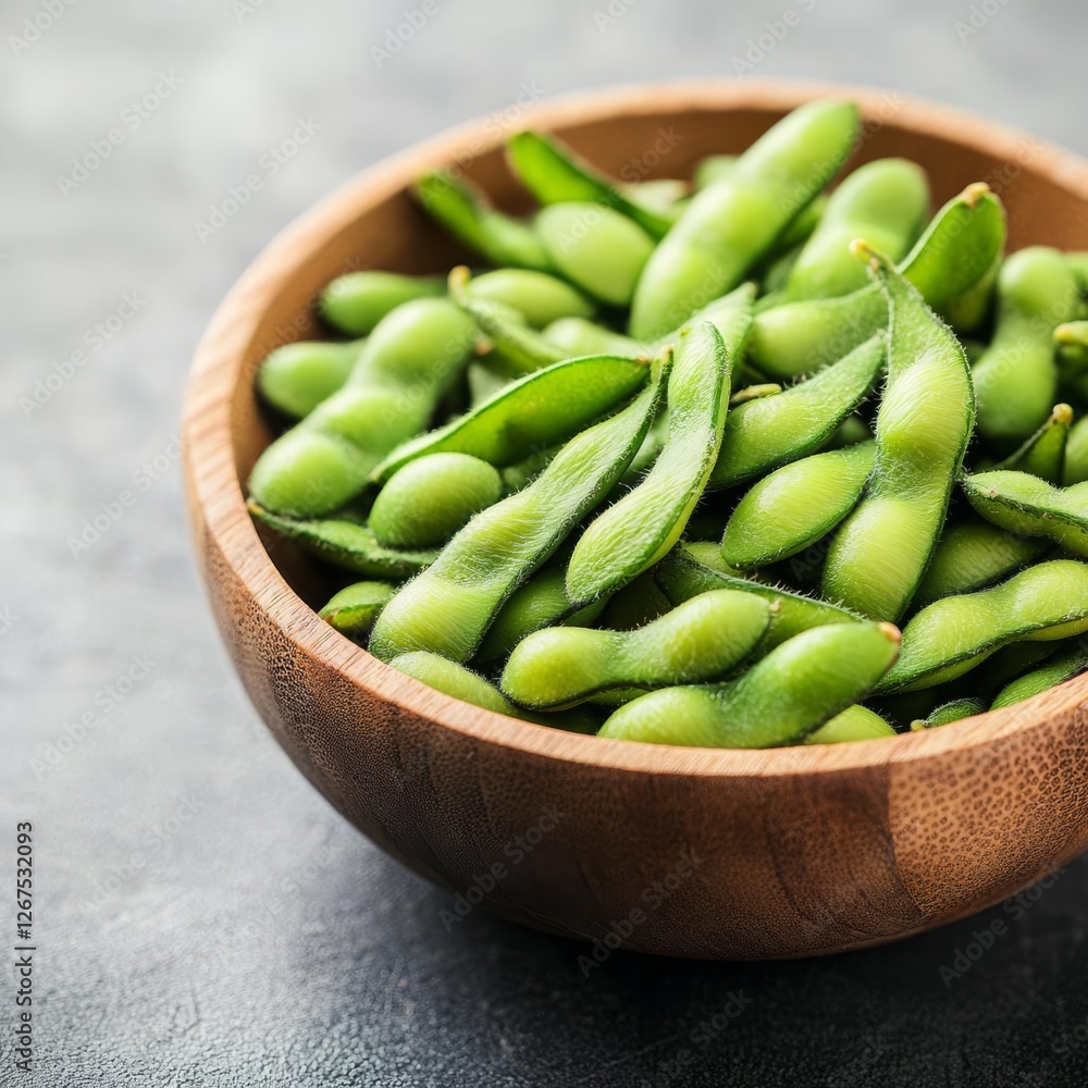 Green edamame beans in a wooden bowl, plant-based protein snack Green edamame beans in a wooden bowl, plant-based protein snack