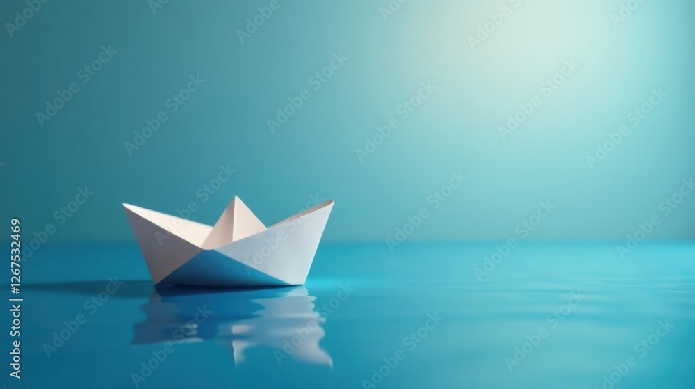Obraz premium A solitary paper boat floats serenely on a tranquil blue surface, reflecting the calm and peace of the moment.