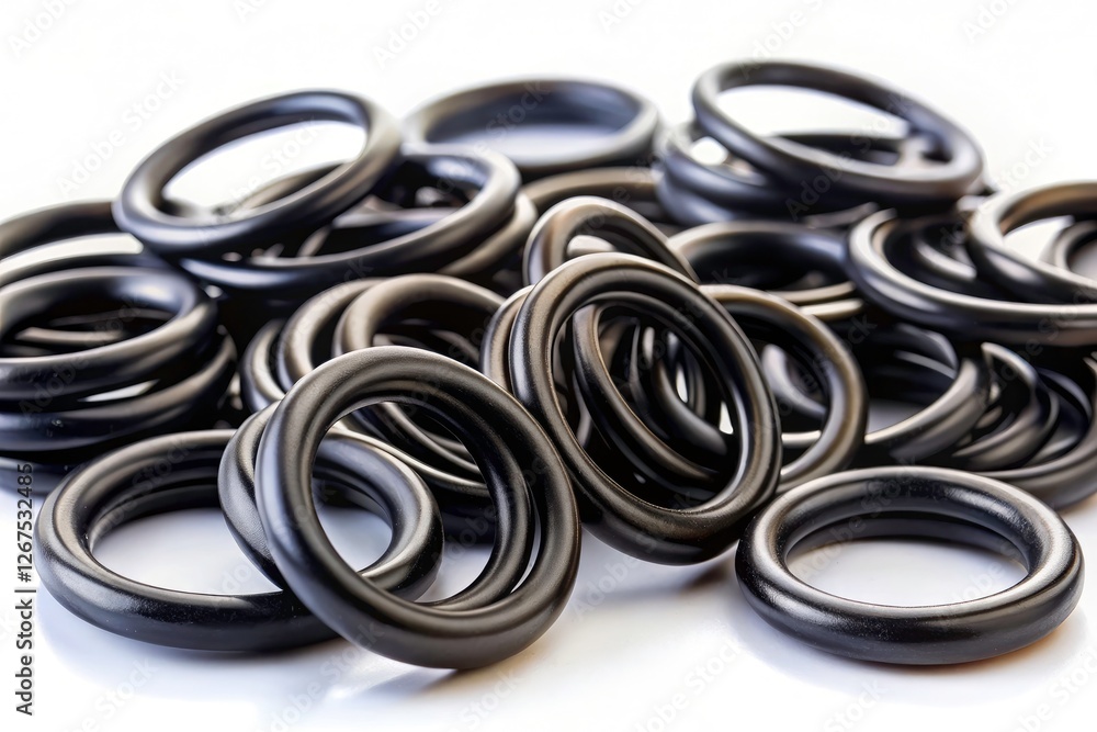 Panoramic photography highlights a size progression of black rubber rings sharply contrasted on white. Panoramic photography highlights a size progression of black rubber rings sharply contrasted on white.