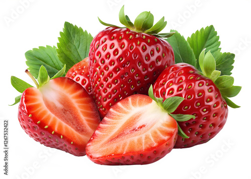 strawberry fruits with strawberries slice isolated on transparent background png