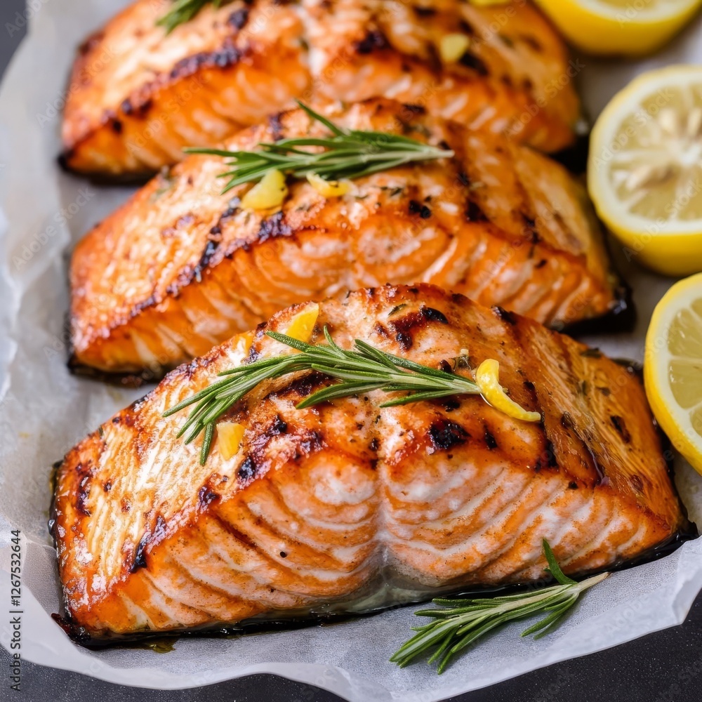 Grilled salmon fillet with golden crispy skin, garnished with lemon and rosemary, omega-3 rich protein source Grilled salmon fillet with golden crispy skin, garnished with lemon and rosemary, omega-3 rich protein source