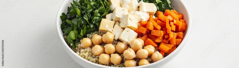 High-protein Buddha bowl with quinoa, tofu, and chickpeas, vibrant meal High-protein Buddha bowl with quinoa, tofu, and chickpeas, vibrant meal