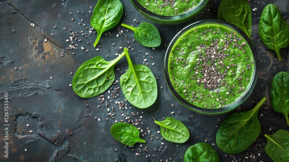 Spinach smoothie with chia seeds on a dark textured table, flat lay Spinach smoothie with chia seeds on a dark textured table, flat lay