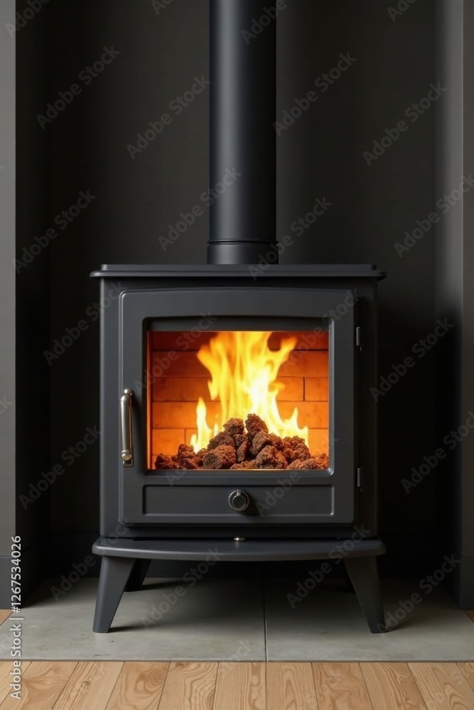 Modern wood burning stove with glowing embers and flames, stylishly situated in a contemporary home setting. Modern wood burning stove with glowing embers and flames, stylishly situated in a contemporary home setting.