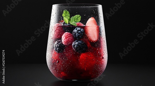 A sleek modern tumbler filled with vibrant berry sangria, with condensation droplets forming on the glass, set against a matte black background photo