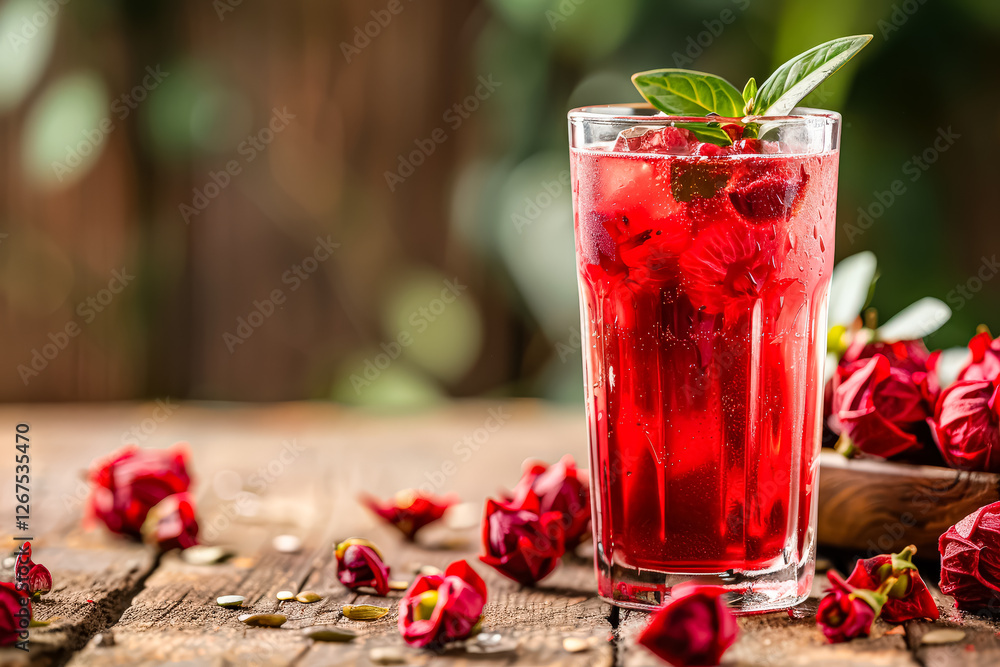 Glass of red drink with a bunch of flowers on the table. Glass of red drink with a bunch of flowers on the table.