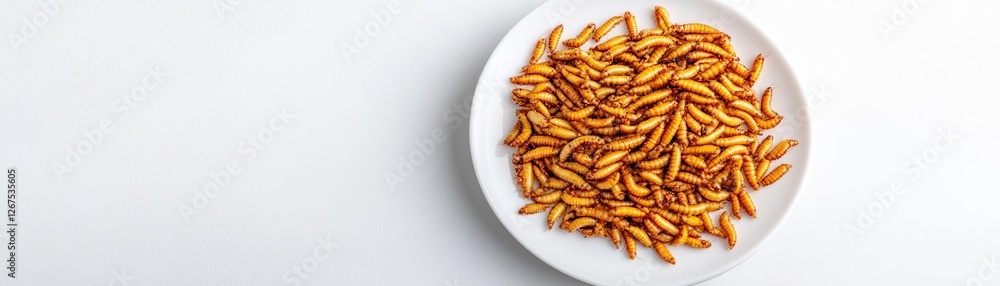 Mealworms on a white plate, future protein alternative concept Mealworms on a white plate, future protein alternative concept