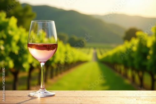 Wallpaper Mural A glass of ros? wine rests on a wooden table, overlooking a sunlit vineyard at sunset. Torontodigital.ca