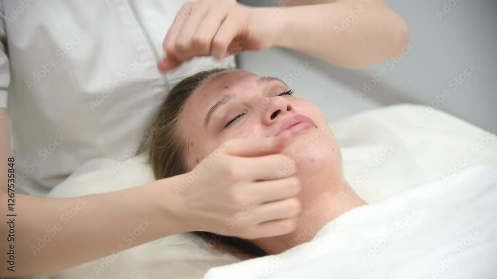 face massage, young attractive caucasian woman, beautiful relaxed lady with problem skin and red inflammations, white towel, spa therapist doing facial massage in beauty salon, skincare concept face massage, young attractive caucasian woman, beautiful relaxed lady with problem skin and red inflammations, white towel, spa therapist doing facial massage in beauty salon, skincare concept