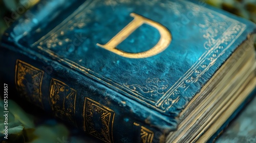 A blue book with gold lettering that says D photo