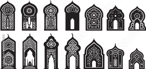 Traditional islamic window shapes in oriental style. Set of black silhouette eid mubarak decorative arches, mosque borders or moroccan gates. Arabic muslim architecture design elements, ramadan frames