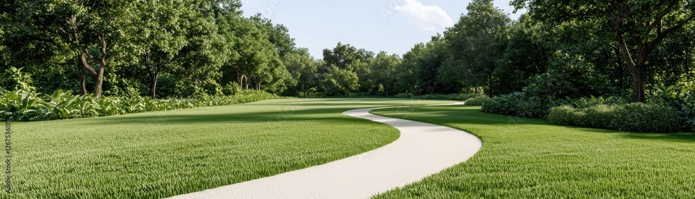 Scenic Pathway Through Lush Green Landscape in Bright Daylight Under Clear Blue Sky Scenic Pathway Through Lush Green Landscape in Bright Daylight Under Clear Blue Sky