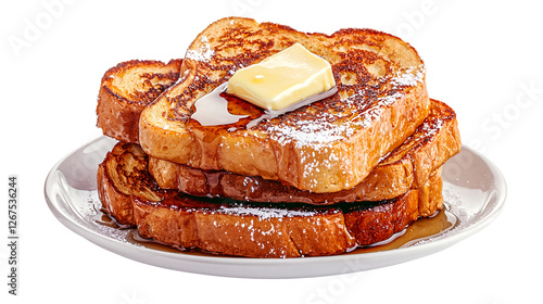 Homemade french toast stack with golden brown slices of crispy, fluffy bread, drizzled with maple syrup and butter, isolated on a transparent background for breakfast, brunch, and bakery lovers.