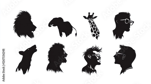 Profile silhouettes lion, elephant, giraffe, men, wolf, man, white background, graphic design photo