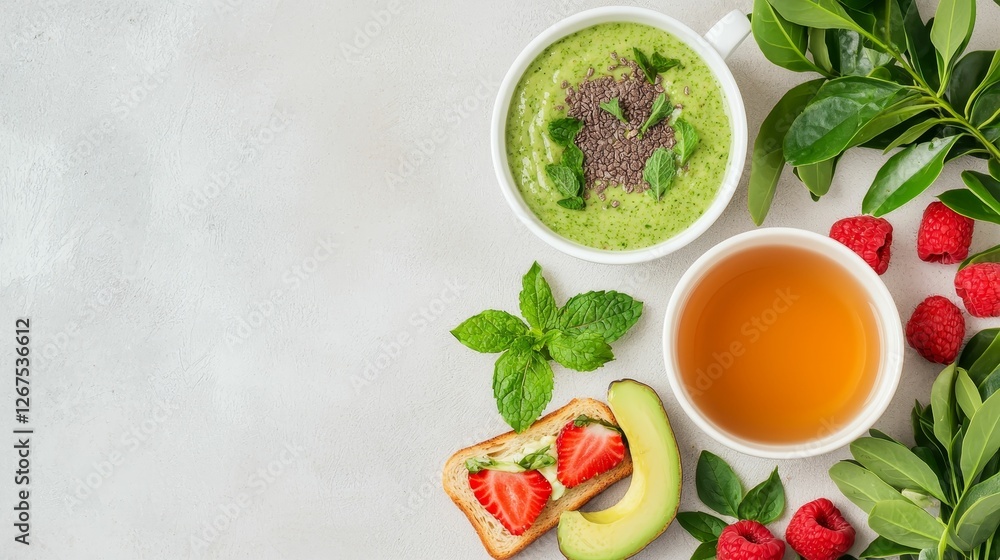 A vibrant arrangement of a green smoothie, tea, fresh berries, and mint leaves, showcasing healthy eating and refreshing flavors. A vibrant arrangement of a green smoothie, tea, fresh berries, and mint leaves, showcasing healthy eating and refreshing flavors.