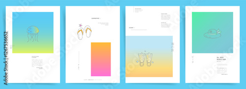Contemporary summer poster backgrounds. Abstract pastel gradient designs with oceanic line art for modern decor and branding.