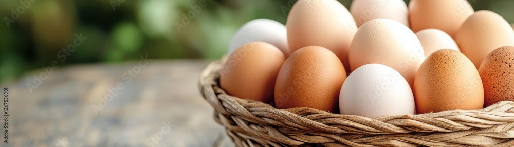 Organic eggs in a woven basket, rustic farm-to-table protein source Organic eggs in a woven basket, rustic farm-to-table protein source