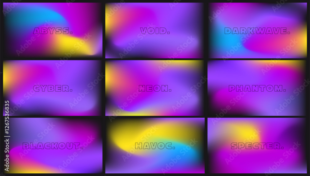 Fototapeta premium Futuristic neon gradient backgrounds set. Abstract darkwave cyber mesh gradient patterns with glowing color transitions for modern digital art and branding.