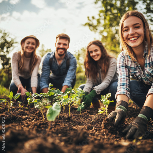 friends/volunteers planting seedlings in the garden
