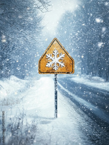 Winter Storm Warning Sign in Snowy Weather, Hazard Alert, Extreme Winter Conditions, Snowstorm Safety, Road Weather Warning, Generated AI photo