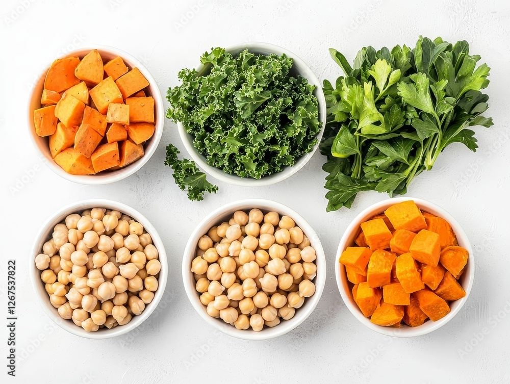 Fresh vegetables and legumes in bowls, featuring carrots, kale, chickpeas, and parsley, arranged on a clean surface for a healthy meal prep. Fresh vegetables and legumes in bowls, featuring carrots, kale, chickpeas, and parsley, arranged on a clean surface for a healthy meal prep.
