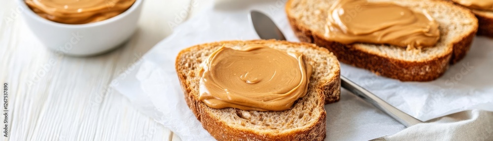 Peanut butter spread on whole grain bread, healthy protein breakfast Peanut butter spread on whole grain bread, healthy protein breakfast