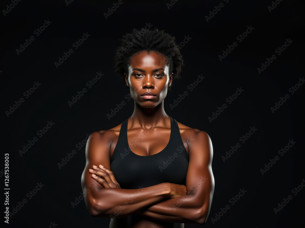 Obraz premium Una poderosa atleta africana con una camiseta deportiva ajustada, brazos cruzados, rostro serio e iluminación de alto contraste
