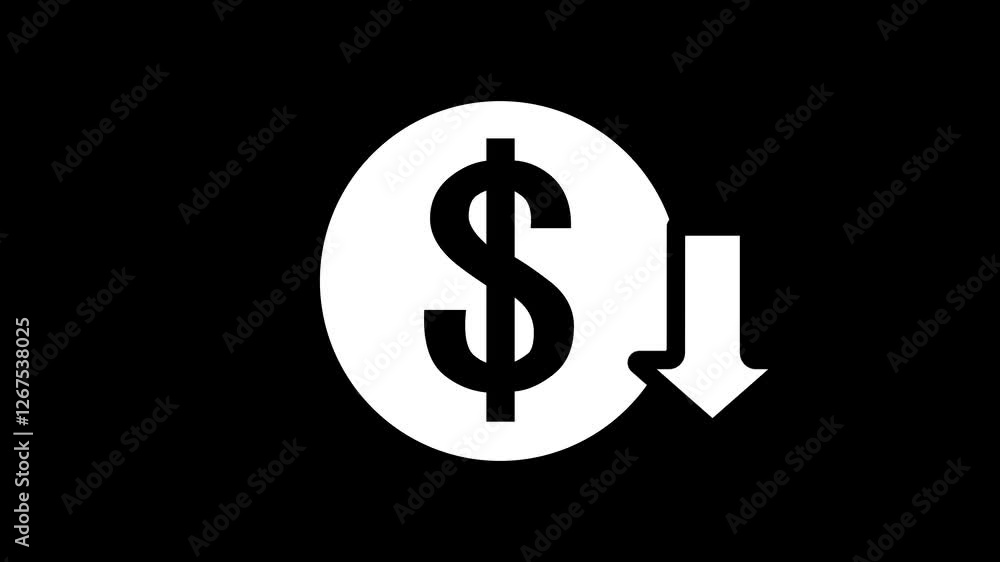 Money reduction icon. Dollar currency price drop concept. circle with down arrow moving animation. Money reduction icon. Dollar currency price drop concept. circle with down arrow moving animation.