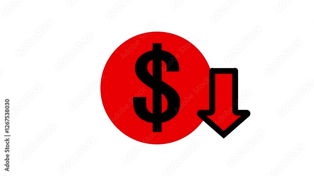 Money reduction icon. Dollar currency price drop concept. circle with down arrow moving animation. Money reduction icon. Dollar currency price drop concept. circle with down arrow moving animation.