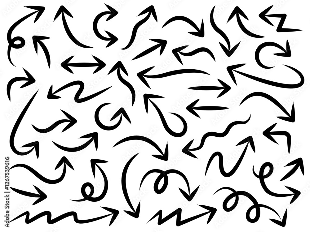 Hand drawn arrow vector icons set. Sketch arrow design for business plan and education. Set of brush arrows black icons. Circle arrows, rotate arrow, redo process symbol. Hand drawn arrow vector icons set. Sketch arrow design for business plan and education. Set of brush arrows black icons. Circle arrows, rotate arrow, redo process symbol.