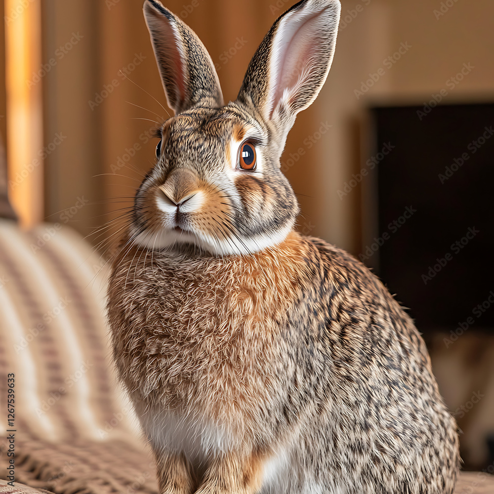 Fototapeta premium Attentive brown hare with upright ears, perched indoors on a textured surface, displaying a curious expression.