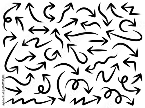 Hand drawn arrow vector icons set. Sketch arrow design for business plan and education. Set of brush arrows black icons. Circle arrows, rotate arrow, redo process symbol.
