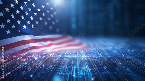 Futuristic holographic American flag waving with glowing particles, vibrant colors, and dynamic light effects. Concept of patriotism, technology, and digital innovation.