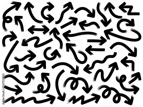 Hand drawn arrow vector icons set. Sketch arrow design for business plan and education. Set of brush arrows black icons. Circle arrows, rotate arrow, redo process symbol.