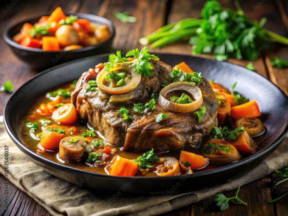 Savory Ossobuco: slow-cooked veal, vibrant vegetables, captured in captivating tilt-shift detail. Savory Ossobuco: slow-cooked veal, vibrant vegetables, captured in captivating tilt-shift detail.