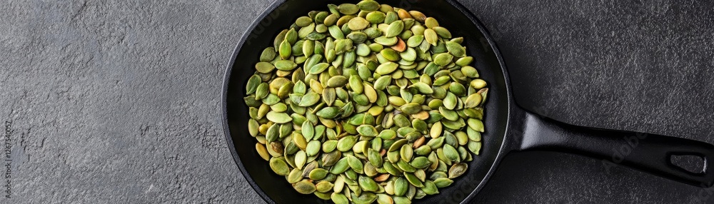 Pumpkin seeds toasted in a black skillet, nutritious plant protein snack Pumpkin seeds toasted in a black skillet, nutritious plant protein snack