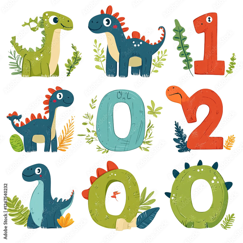 Naklejka premium Adorable Dinosaurs and Numbers Cute Jungle Theme