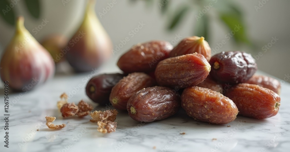 Dates and Figs Arranged on Marble Countertop with Soft Lighting