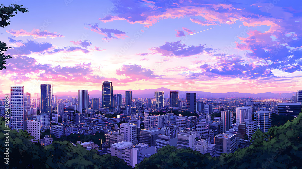 Fototapeta premium Cityscape Twilight Panorama with Pastel Clouds and Towering Skyscrapers in Urban Ambiance Anime Style