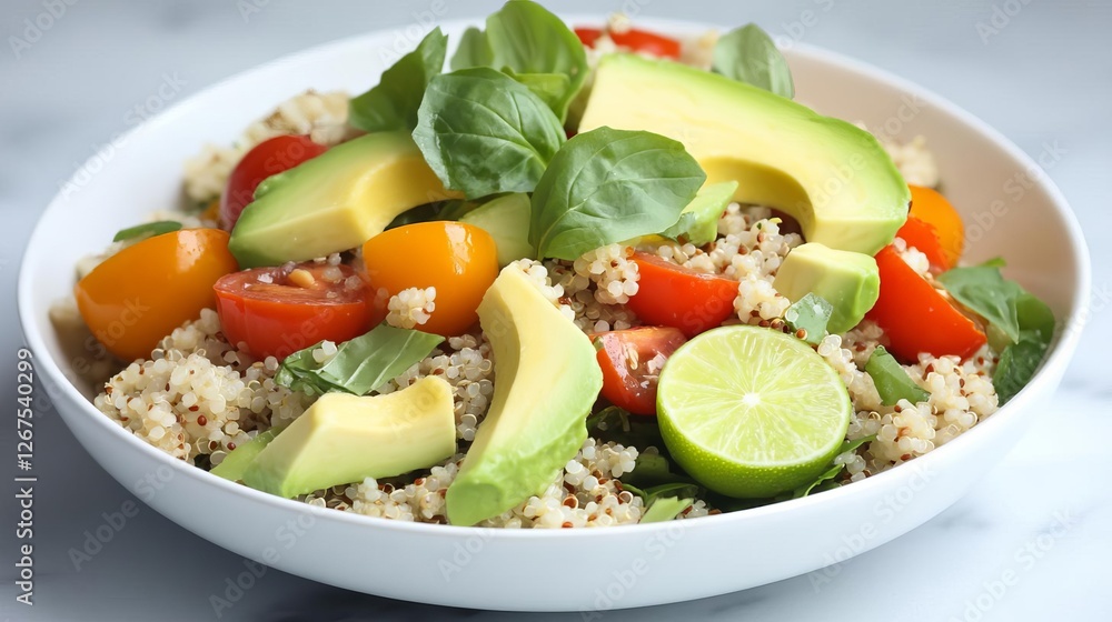 Quinoa salad with avocado, tomatoes, and lime dressing, superfood protein meal Quinoa salad with avocado, tomatoes, and lime dressing, superfood protein meal