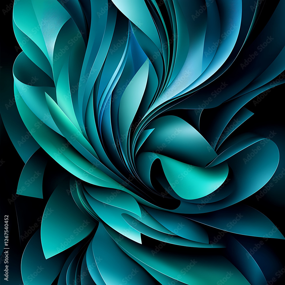 Obraz premium Abstract turquoise and teal ribbons swirl dramatically against a dark background, creating a dynamic, elegant composition.