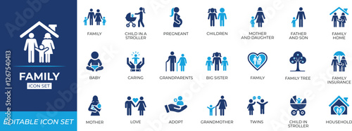 family icon set featuring parents, children, father, grandfather, grandmother, and home relations designed for apps, services, infographics, group, hug, human, insurance, and social welfare visuals.