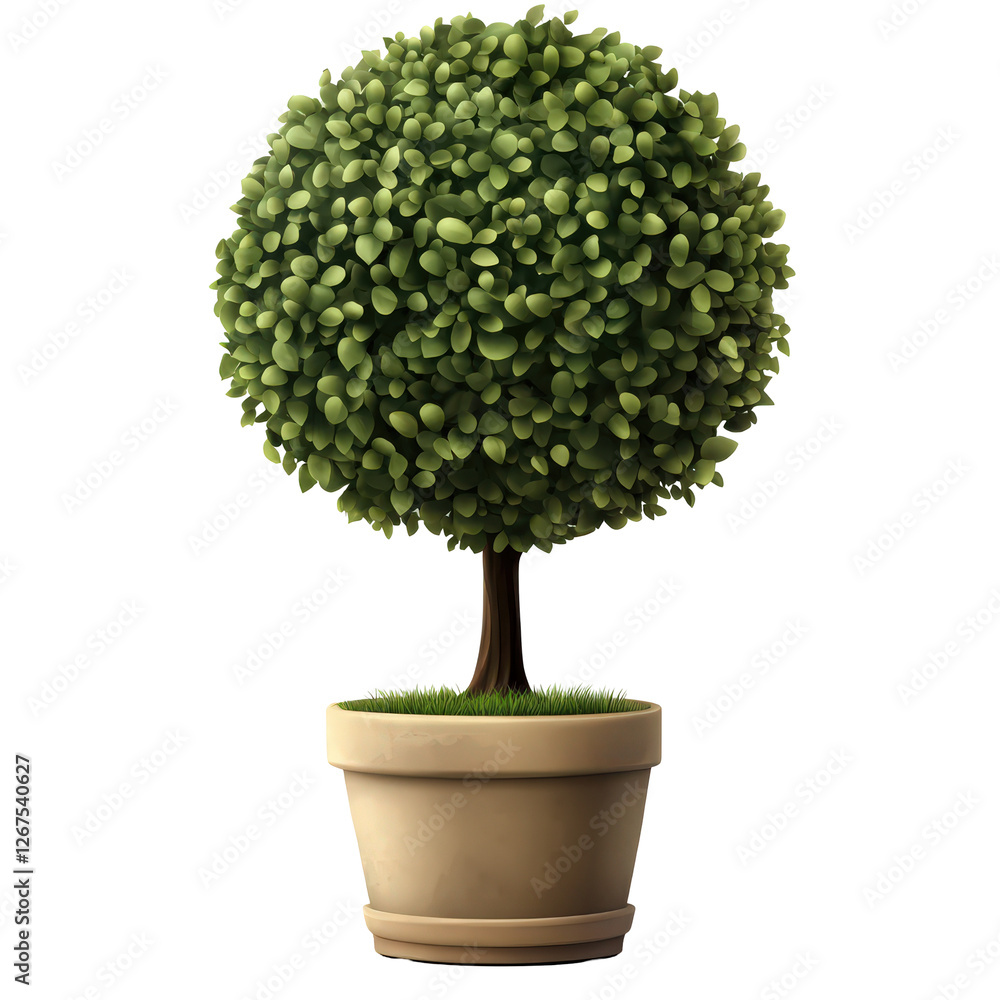 A perfectly spherical green topiary in a beige pot. A perfectly spherical green topiary in a beige pot.