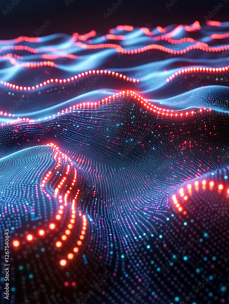 Glowing digital landscape with red and blue light points arranged in flowing, wave-like patterns. Glowing digital landscape with red and blue light points arranged in flowing, wave-like patterns.