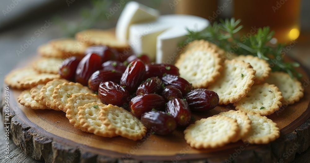 Date and Cheese Platter with Crackers and Fresh Herbs on Wooden Board Date and Cheese Platter with Crackers and Fresh Herbs on Wooden Board