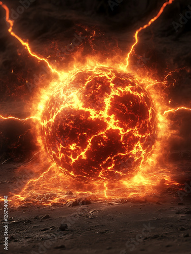 Fiery sphere emitting radiant energy, cracked surface, with lightning striking a barren, rocky landscape under a dark sky.